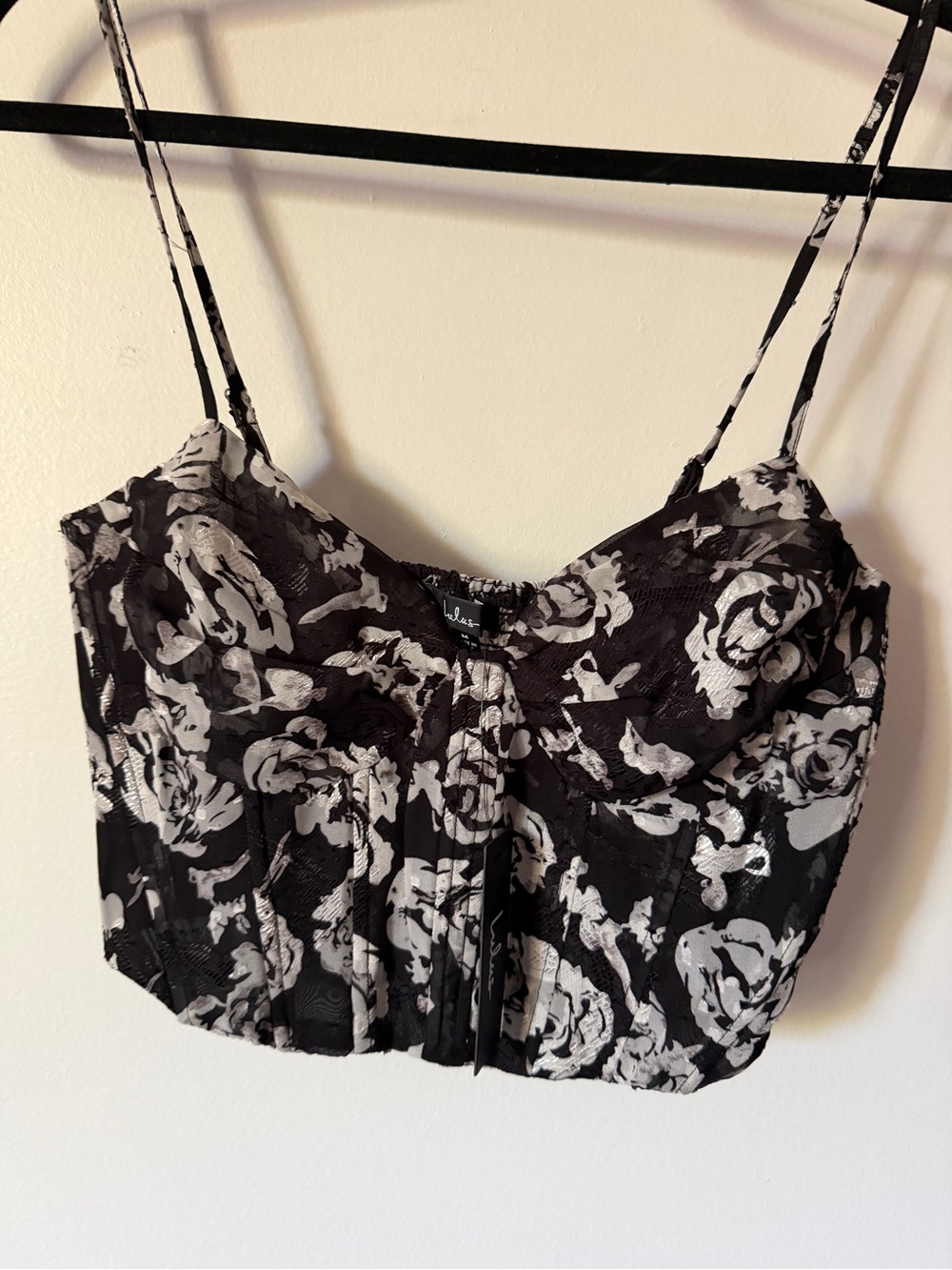 Lulu's Black Crop Bustier with White Floral Lace